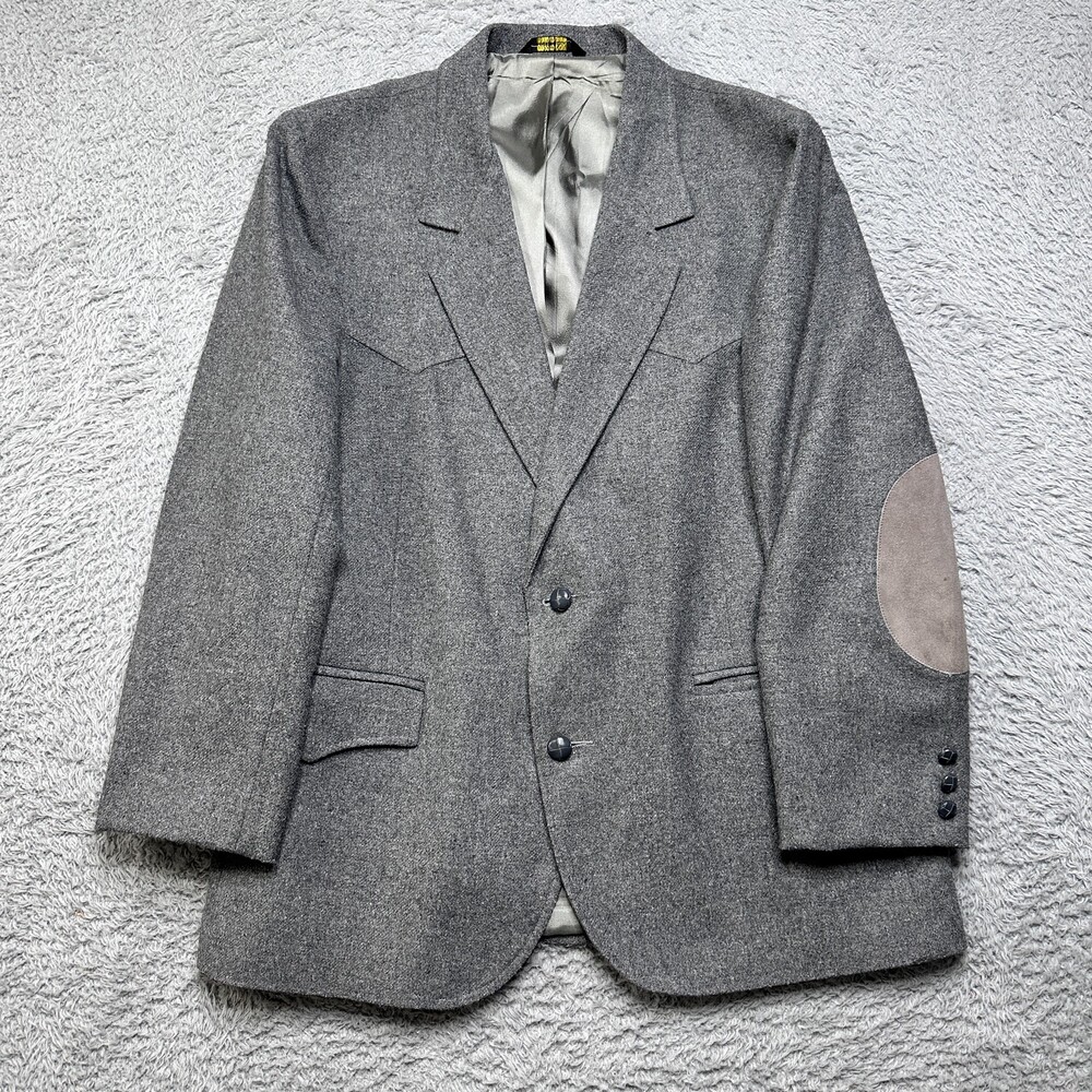 Vintage Pioneer Western Wear Sport Coat Mens 44 Gray Western Wool Suede Elbow